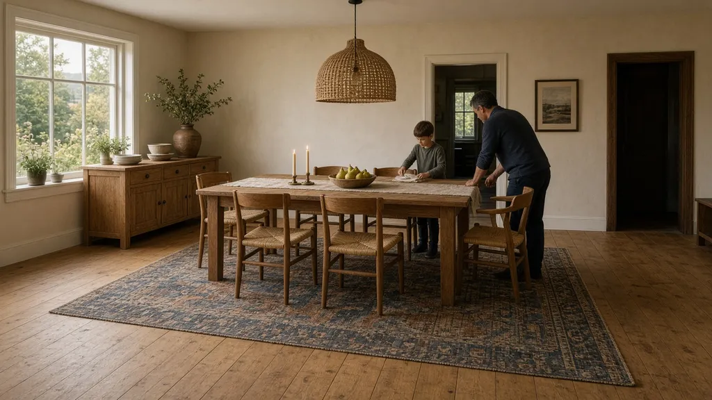 A farmhouse dining room where a large flat-weave rug extends well past a six-chair wooden table, a father and son setting the table (AI-generated image)