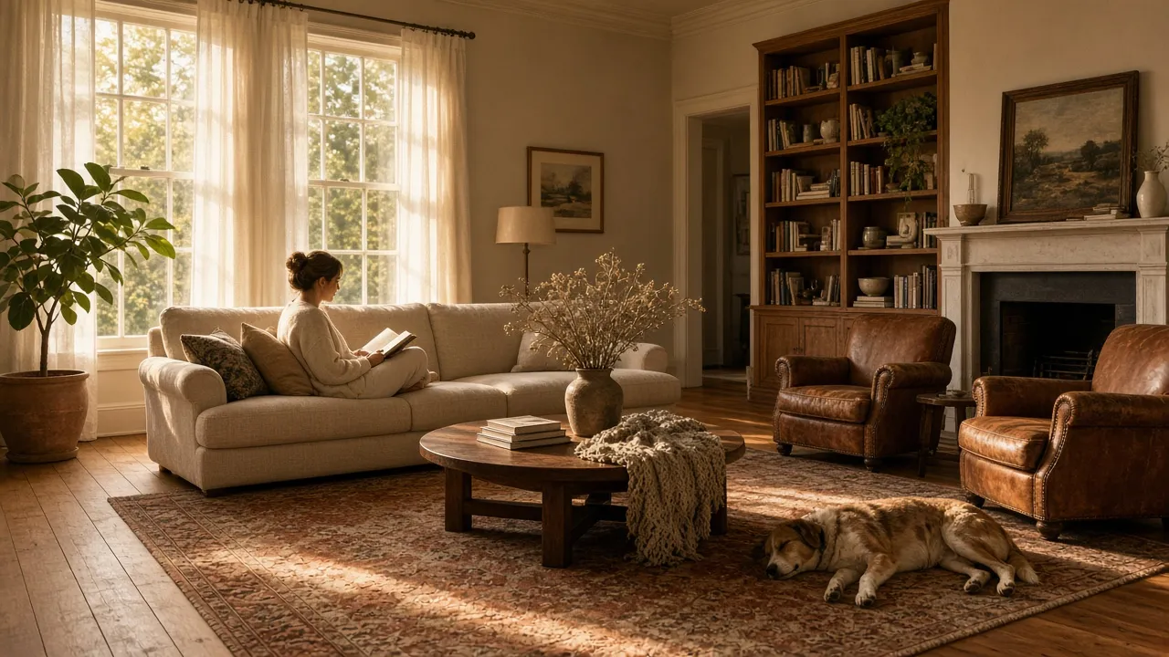 A sunlit living room with a long linen sofa, two leather armchairs and a large patterned rug under the coffee table, a dog asleep on the rug and a woman reading (AI-generated image)